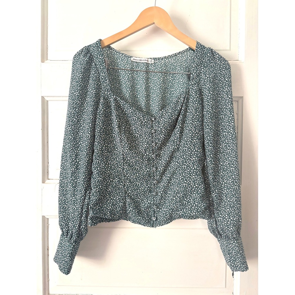 Abercrombie & Fitch Green Ditsy Floral Sweetheart Button Front Smocked Blouse XS